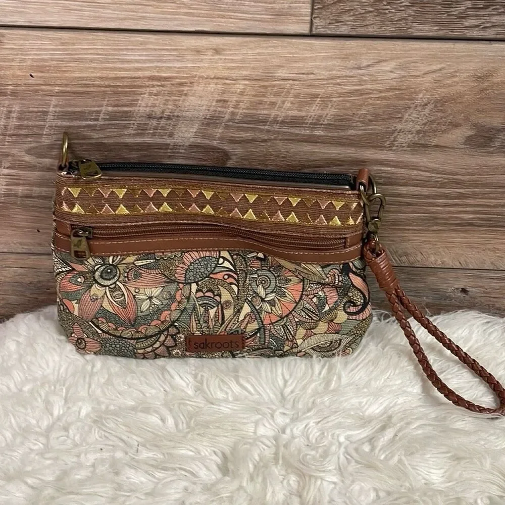 SAKROOTS Floral Wristlet Purse Handbag Braided Strap 10” W x 6 1/2”L